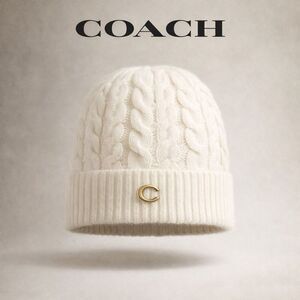 Coach Chalk Cable Knit Beanie Hat Gold C Logo NWT Winter Designer Cap
